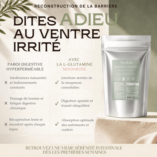 Poudre de L-Glutamine Pure MoonRose (500 g) — Confort Intestinal, Perméabilité Digestive & Récupération Musculaire | 100 % Végétale Sans Additifs | Cure 100 Jours | Certifié Halal - MoonRose