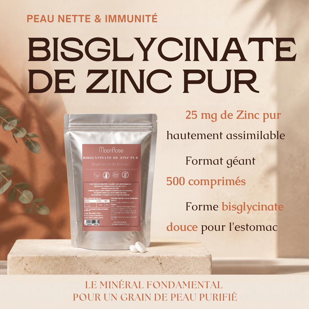 Comprimés Bisglycinate de Zinc Pur MoonRose (500 Comprimés) — 25 mg de Zinc Haute Assimilation (250 % VNR) | Peau Nette, Immunité & Vitalité | Format Géant 500 Jours | Certifié Halal