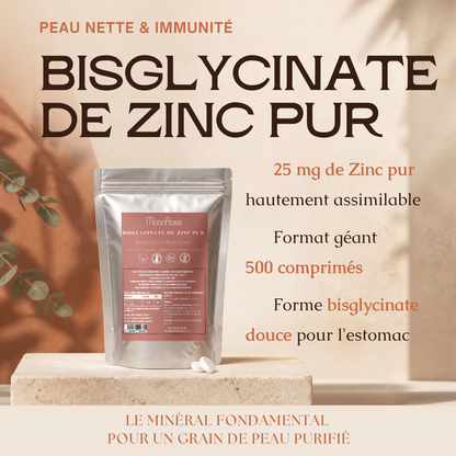 Comprimés Bisglycinate de Zinc Pur MoonRose (500 Comprimés) — 25 mg de Zinc Haute Assimilation (250 % VNR) | Peau Nette, Immunité & Vitalité | Format Géant 500 Jours | Certifié Halal