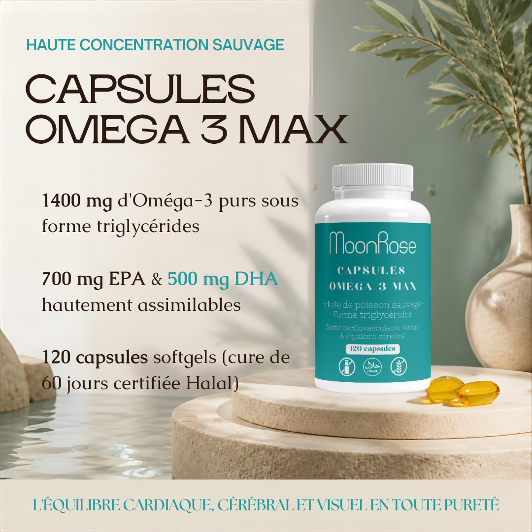 Capsules Omega 3 Max MoonRose (120 Softgels) — Huile de Poisson Sauvage Pure Forme Triglycérides (1400 mg) | 700 mg EPA & 500 mg DHA + Vitamine E | Cœur, Cerveau & Vision | Certifié Halal