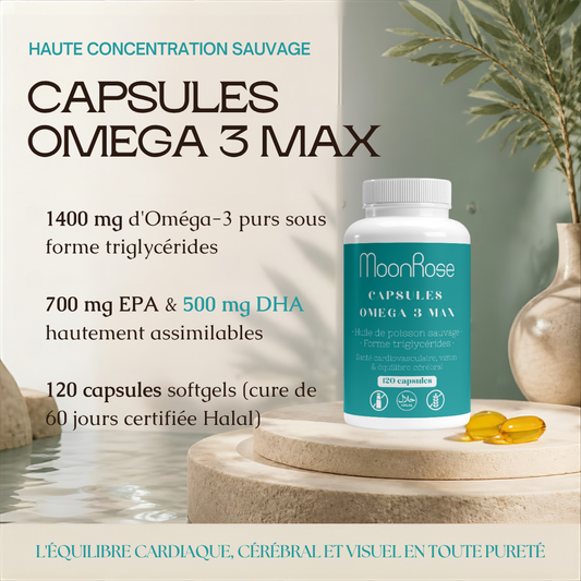 Capsules Omega 3 Max MoonRose (120 Softgels) — Huile de Poisson Sauvage Pure Forme Triglycérides (1400 mg) | 700 mg EPA & 500 mg DHA + Vitamine E | Cœur, Cerveau & Vision | Certifié Halal
