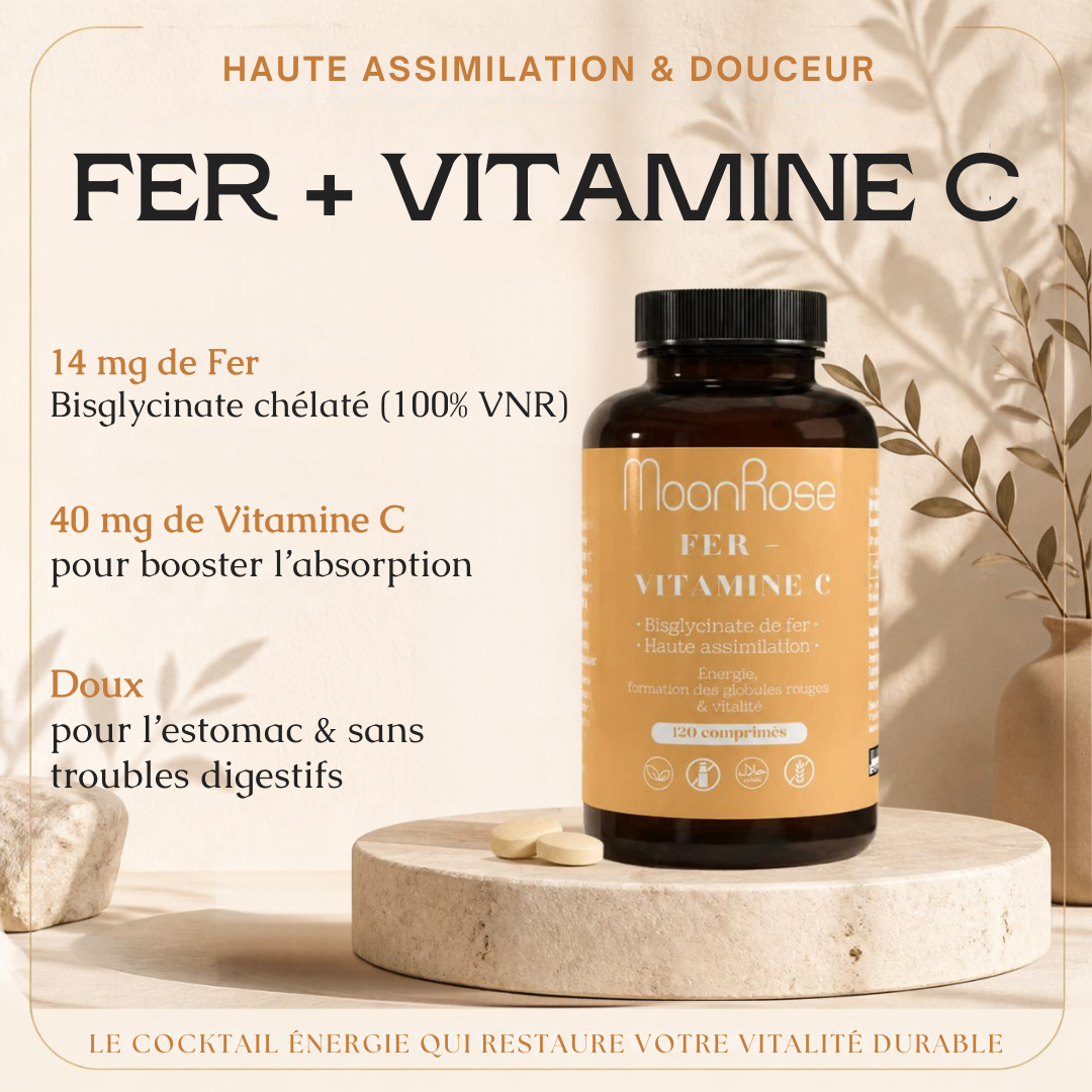 Comprimés Fer Bisglycinate + Vitamine C MoonRose (120 Comprimés) — Haute Assimilation Doux pour l'Estomac | 14 mg Fer (100% VNR) & Vitamine C | Énergie & Globules Rouges | Cure 4 Mois