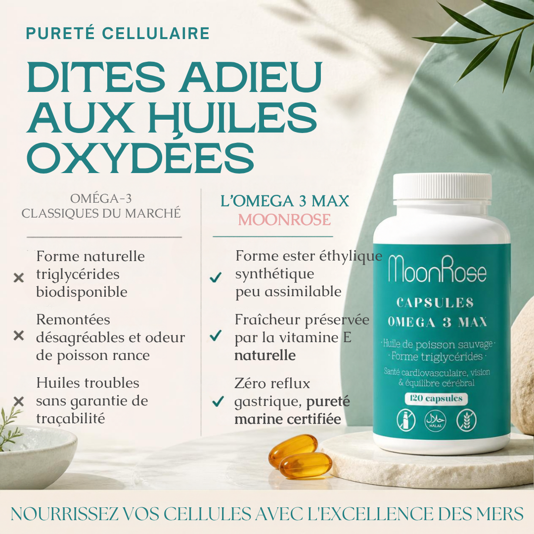 Capsules Omega 3 Max MoonRose (120 Softgels) — Huile de Poisson Sauvage Pure Forme Triglycérides (1400 mg) | 700 mg EPA & 500 mg DHA + Vitamine E | Cœur, Cerveau & Vision | Certifié Halal