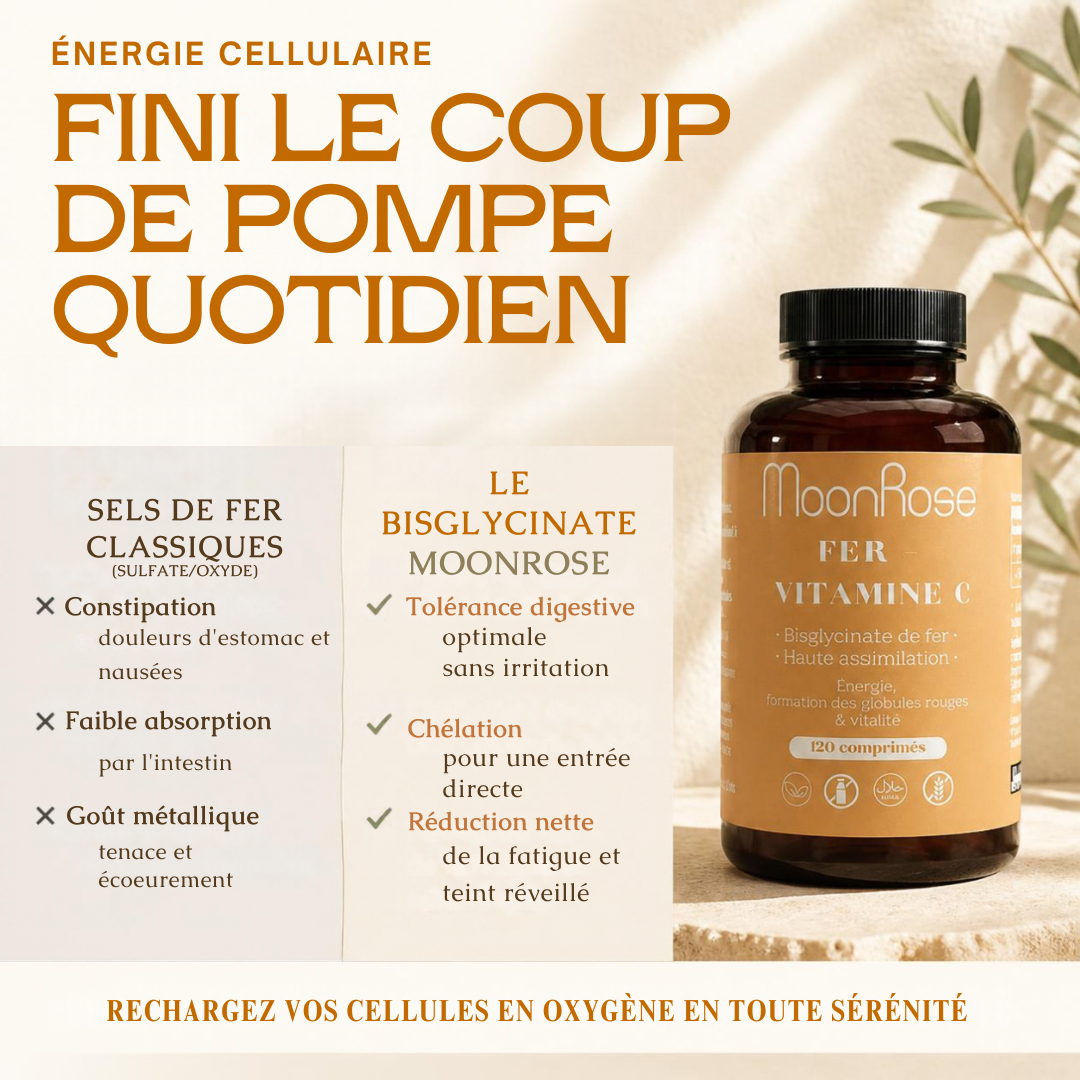 Comprimés Fer Bisglycinate + Vitamine C MoonRose (120 Comprimés) — Haute Assimilation Doux pour l'Estomac | 14 mg Fer (100% VNR) & Vitamine C | Énergie & Globules Rouges | Cure 4 Mois