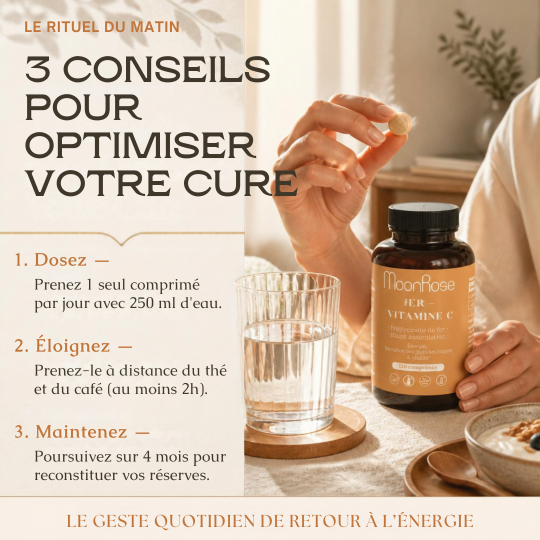 Comprimés Fer Bisglycinate + Vitamine C MoonRose (120 Comprimés) — Haute Assimilation Doux pour l'Estomac | 14 mg Fer (100% VNR) & Vitamine C | Énergie & Globules Rouges | Cure 4 Mois