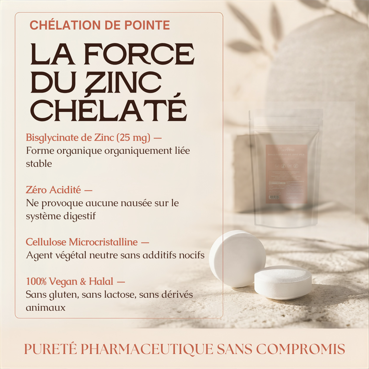 Comprimés Bisglycinate de Zinc Pur MoonRose (500 Comprimés) — 25 mg de Zinc Haute Assimilation (250 % VNR) | Peau Nette, Immunité & Vitalité | Format Géant 500 Jours | Certifié Halal