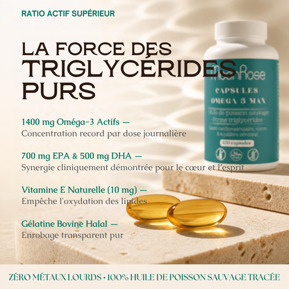 Capsules Omega 3 Max MoonRose (120 Softgels) — Huile de Poisson Sauvage Pure Forme Triglycérides (1400 mg) | 700 mg EPA & 500 mg DHA + Vitamine E | Cœur, Cerveau & Vision | Certifié Halal