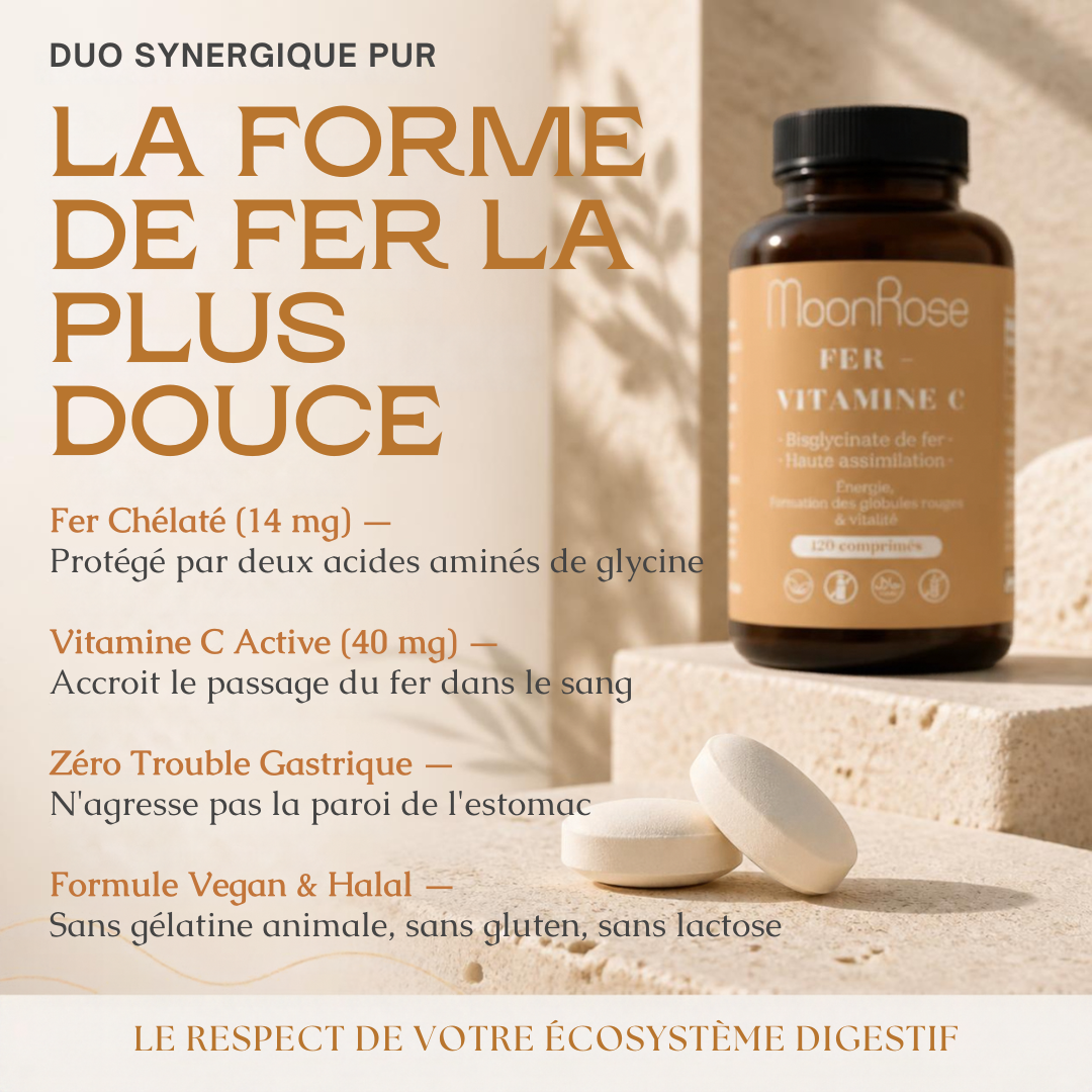 Comprimés Fer Bisglycinate + Vitamine C MoonRose (120 Comprimés) — Haute Assimilation Doux pour l'Estomac | 14 mg Fer (100% VNR) & Vitamine C | Énergie & Globules Rouges | Cure 4 Mois