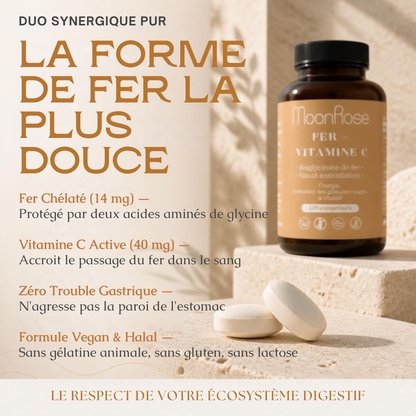 Comprimés Fer Bisglycinate + Vitamine C MoonRose (120 Comprimés) — Haute Assimilation Doux pour l'Estomac | 14 mg Fer (100% VNR) & Vitamine C | Énergie & Globules Rouges | Cure 4 Mois