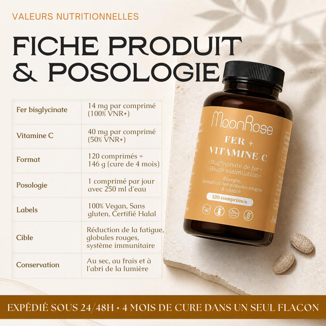 Comprimés Fer Bisglycinate + Vitamine C MoonRose (120 Comprimés) — Haute Assimilation Doux pour l'Estomac | 14 mg Fer (100% VNR) & Vitamine C | Énergie & Globules Rouges | Cure 4 Mois