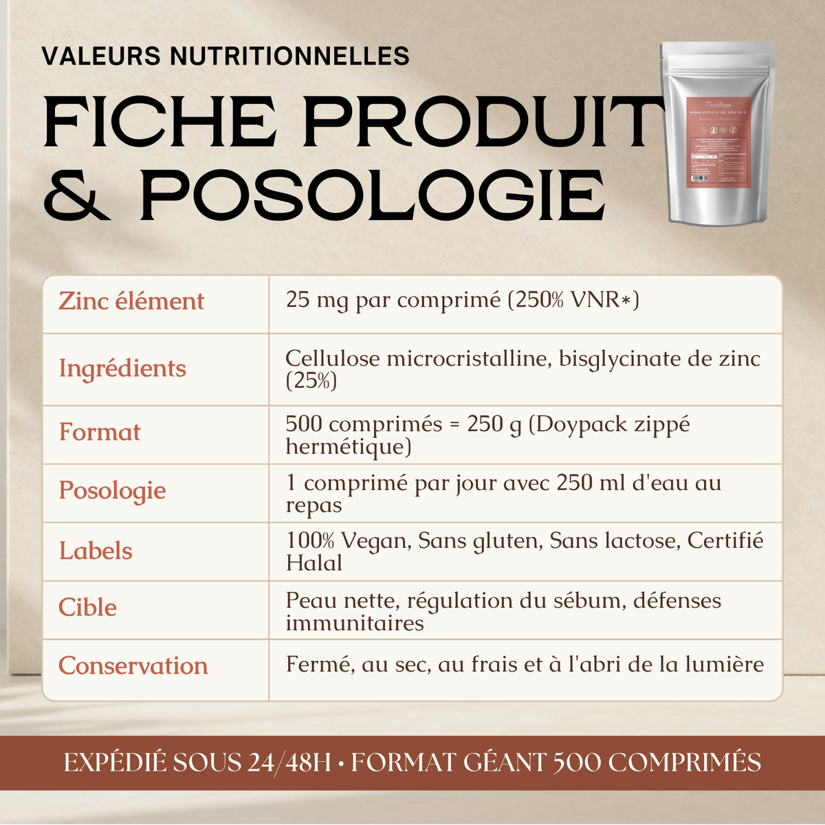Comprimés Bisglycinate de Zinc Pur MoonRose (500 Comprimés) — 25 mg de Zinc Haute Assimilation (250 % VNR) | Peau Nette, Immunité & Vitalité | Format Géant 500 Jours | Certifié Halal