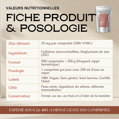 Comprimés Bisglycinate de Zinc Pur MoonRose (500 Comprimés) — 25 mg de Zinc Haute Assimilation (250 % VNR) | Peau Nette, Immunité & Vitalité | Format Géant 500 Jours | Certifié Halal