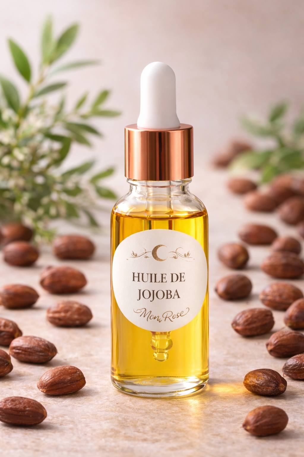 Huile de Jojoba MoonRose de 30 ml, flacon d'huiles essentielles, liquide clair et doré dans un flacon en verre.