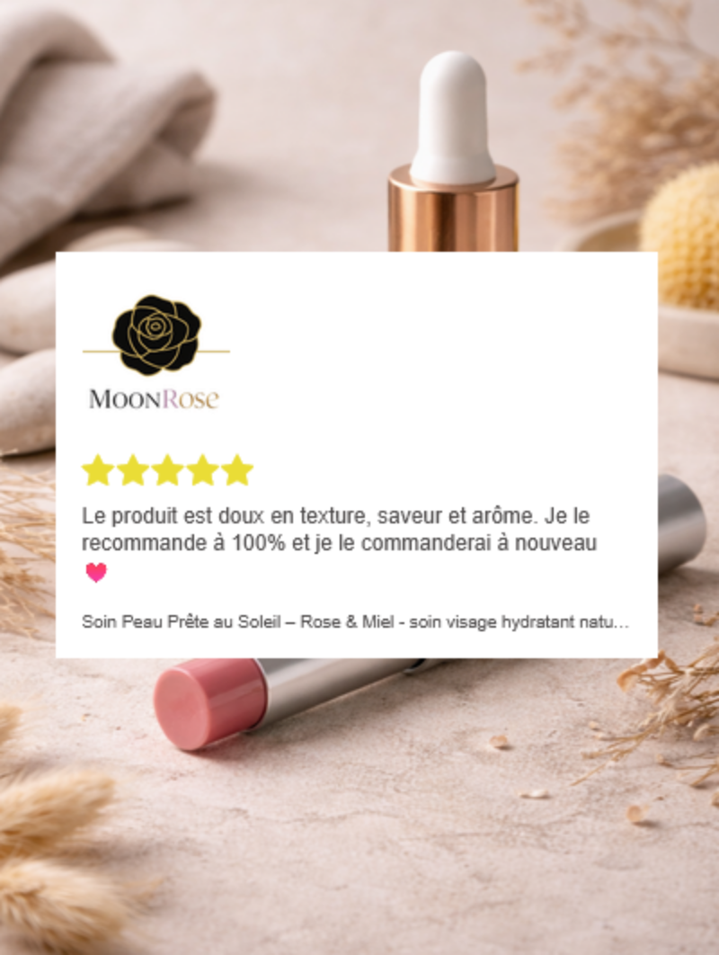 Ensemble de soins visage hydratants MoonRose, huile essentielle et baume Rose & Miel pour peau prête au soleil.