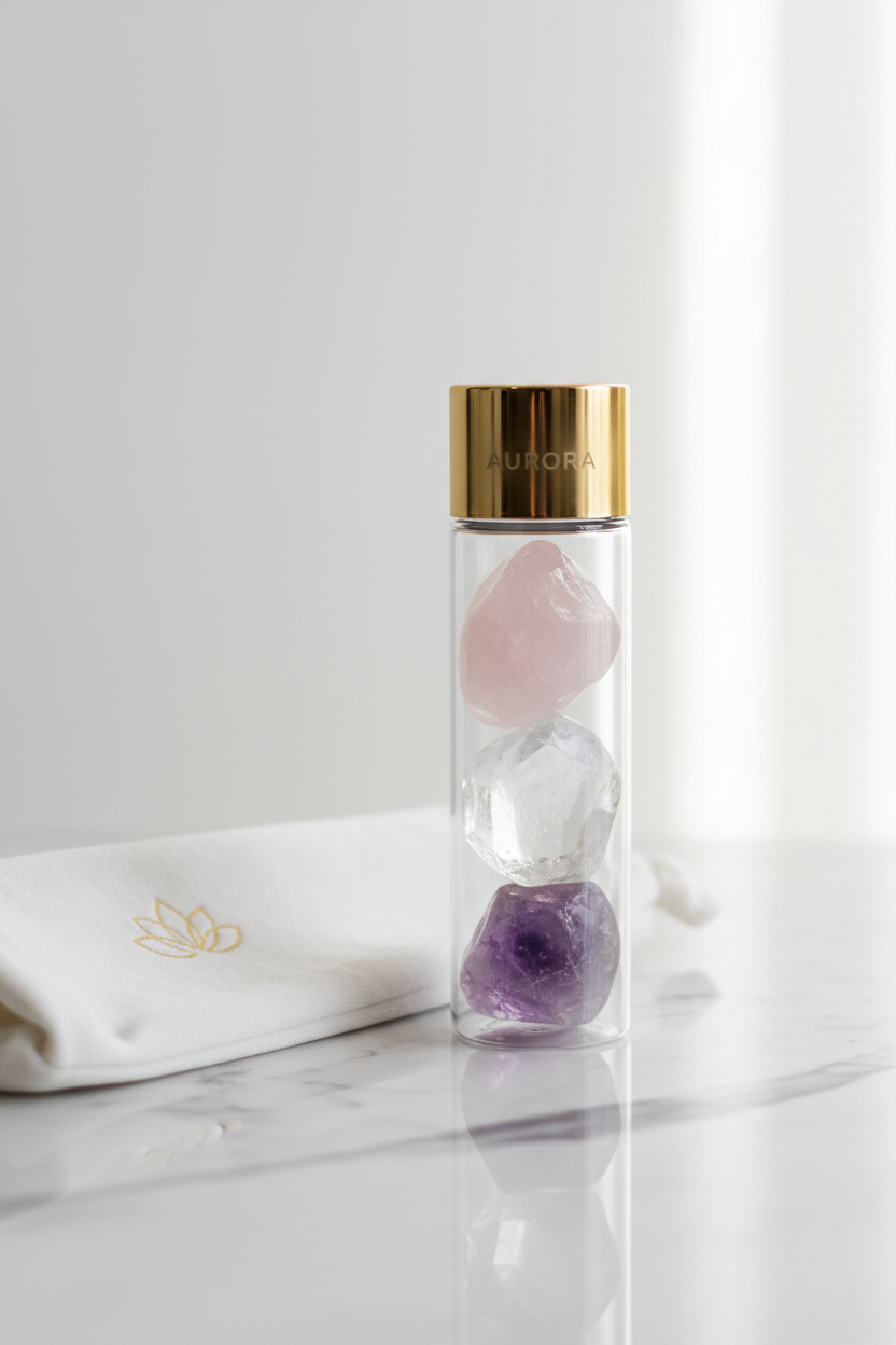 Bouteille cristal bien-être avec Quartz Rose, Blanc et Améthyste – MoonRose