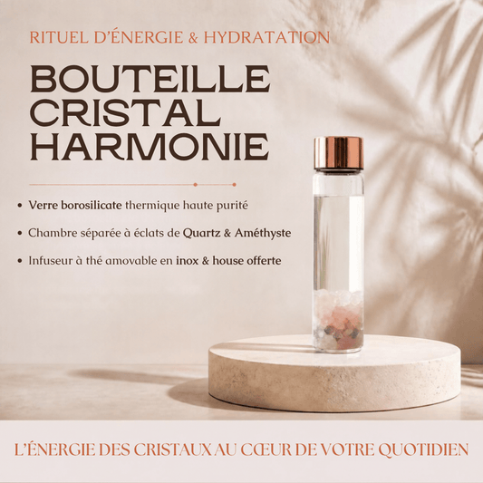 Bouteille Cristal Harmonie en Verre Borosilicate — Chambre à Éclats de Quartz & Améthyste avec Infuseur Thé Inox | Rituel Énergétique & Housse Néoprène Offerte - MoonRose