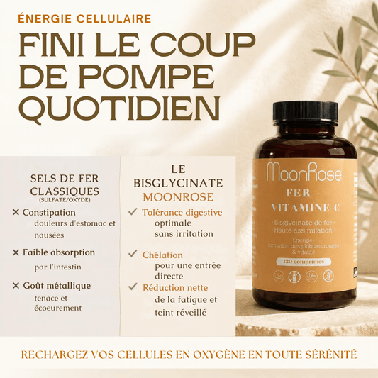 Comprimés Fer Bisglycinate + Vitamine C MoonRose (120 Comprimés) — Haute Assimilation Doux pour l'Estomac | 14 mg Fer (100% VNR) & Vitamine C | Énergie & Globules Rouges | Cure 4 Mois - MoonRose