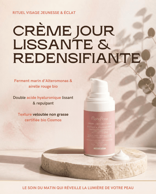 Crème Anti-Âge Jour Lissante & Redensifiante — Acide Hyaluronique, Ferment Marin d'Alteromonas, Airelle Rouge & Jojoba Bio | Soin Visage Éclat Velouté - MoonRose