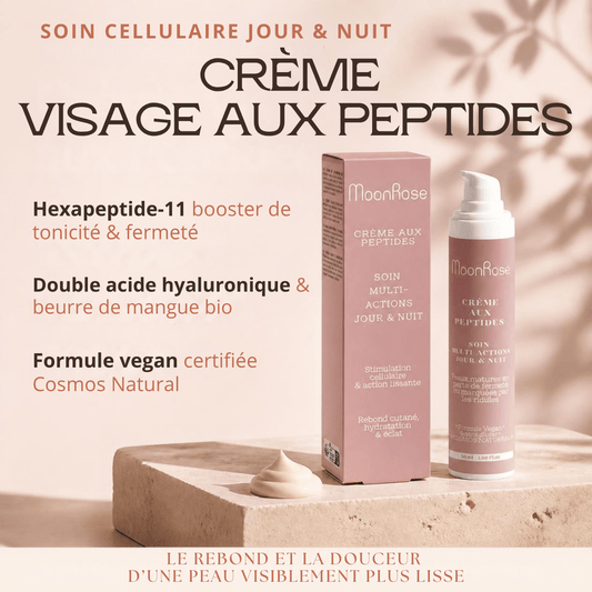 Crème Visage aux Peptides MoonRose (50 ml) — Soin Multi-Actions Jour & Nuit | Hexapeptide-11, Acide Hyaluronique, Beurre de Mangue & Huile de Myrtille | Cosmos Natural - MoonRose