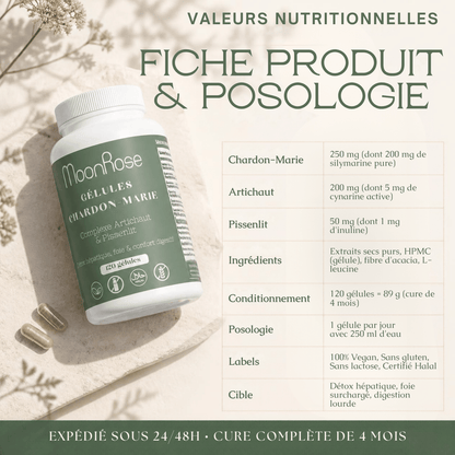 Gélules Chardon-Marie Complexe Artichaut & Pissenlit MoonRose (120 gélules) — Détox Hépatique, Soutien Foie & Confort Digestif | Titré à 80 % de Silymarine | Cure 4 Mois - MoonRose