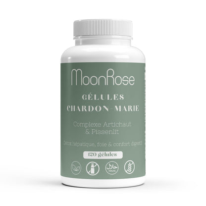Gélules Chardon-Marie Complexe Artichaut & Pissenlit MoonRose (120 gélules) — Détox Hépatique, Soutien Foie & Confort Digestif | Titré à 80 % de Silymarine | Cure 4 Mois - MoonRose