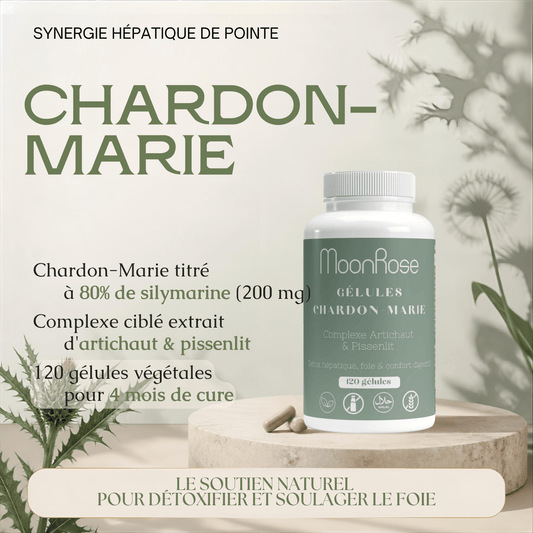 Gélules Chardon-Marie Complexe Artichaut & Pissenlit MoonRose (120 gélules) — Détox Hépatique, Soutien Foie & Confort Digestif | Titré à 80 % de Silymarine | Cure 4 Mois - MoonRose
