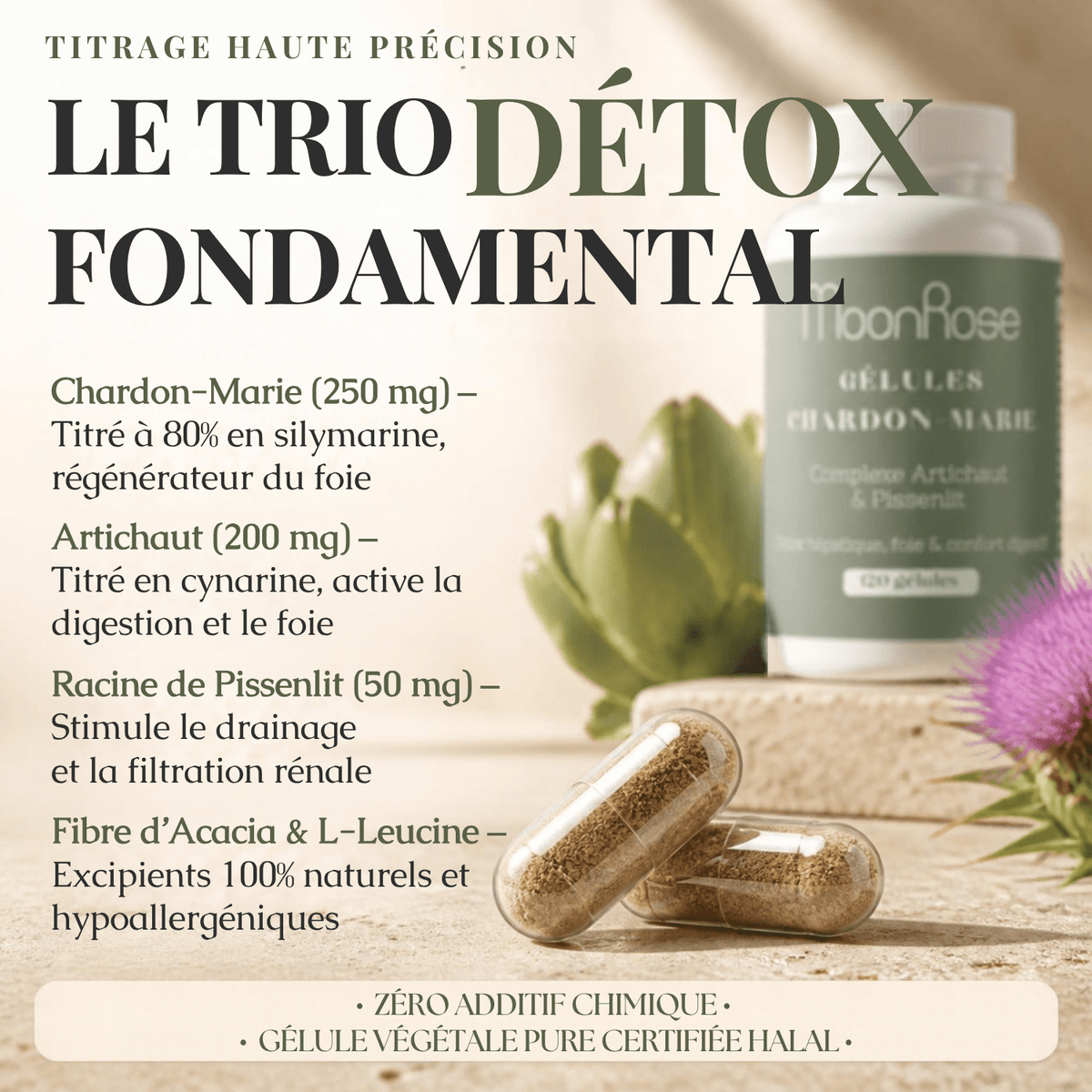 Gélules Chardon-Marie Complexe Artichaut & Pissenlit MoonRose (120 gélules) — Détox Hépatique, Soutien Foie & Confort Digestif | Titré à 80 % de Silymarine | Cure 4 Mois - MoonRose