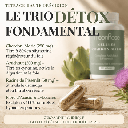 Gélules Chardon-Marie Complexe Artichaut & Pissenlit MoonRose (120 gélules) — Détox Hépatique, Soutien Foie & Confort Digestif | Titré à 80 % de Silymarine | Cure 4 Mois - MoonRose