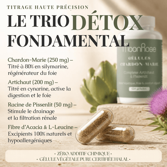 Gélules Chardon-Marie Complexe Artichaut & Pissenlit MoonRose (120 gélules) — Détox Hépatique, Soutien Foie & Confort Digestif | Titré à 80 % de Silymarine | Cure 4 Mois - MoonRose