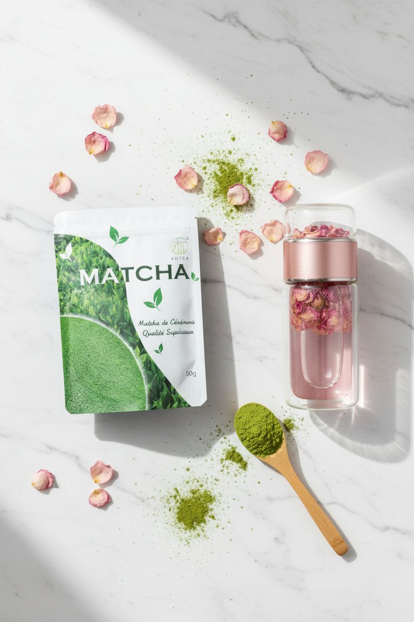 Kit Rituel Énergie Douce — Bouteille Infuseur en Verre + Poudre de Matcha Cérémonie · EBook offert