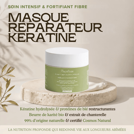 Masque Réparateur Intensif à la Kératine MoonRose (200 ml) — Soin Démêlant &amp; Fortifiant Fibre | Protéines de Blé, Karité Bio, Huile d'Avocat &amp; Extrait de Chanterelle | Cosmos Natural - MoonRose
