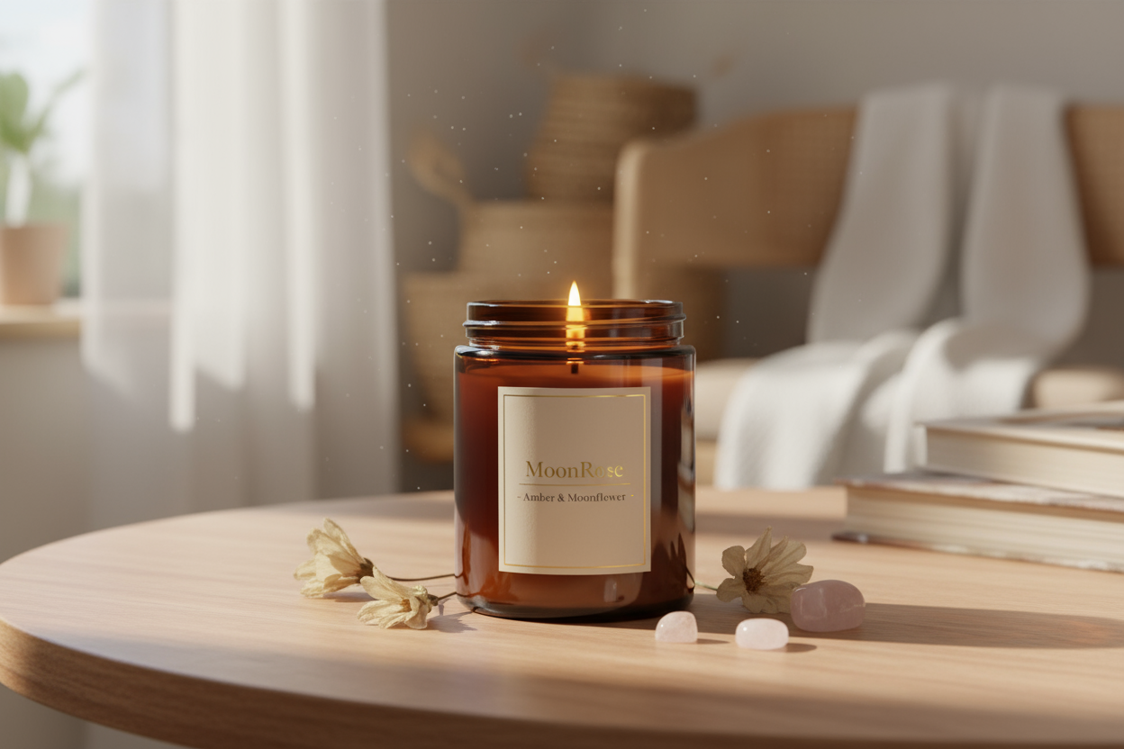 Bougie MoonRose Bien-être avec lumière douce, idéale pour une ambiance cocooning et détente dans une pièce chaleureuse.