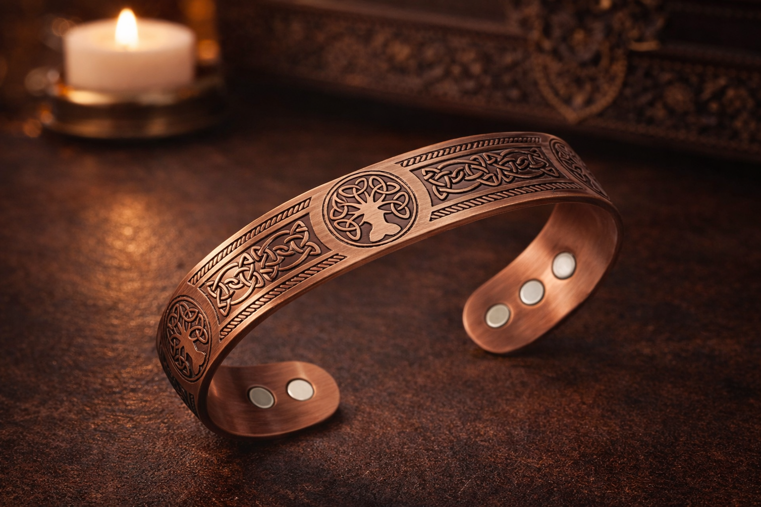 Bracelet magnétique en cuivre MoonRose avec motif arbre de vie et fermeture aimantée, élégant et artisanal.