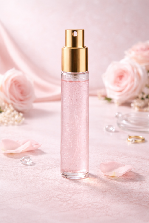 Brume parfumée MoonRose à la rose scintillante avec paillettes, vaporisateur élégant pour une fragrance fraîche et brillante.
