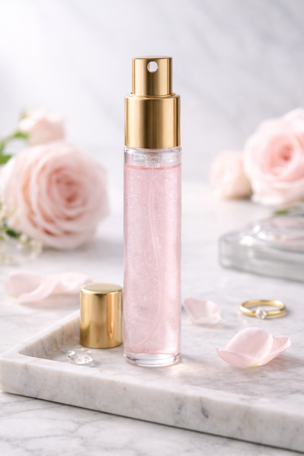 Brume parfumée MoonRose à la rose scintillante avec paillettes, vaporisateur élégant pour une fragrance légère et brillante.