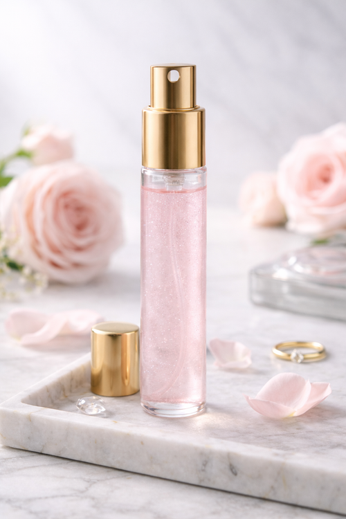 Brume parfumée MoonRose à la rose scintillante avec paillettes, vaporisateur élégant pour une fragrance légère et brillante.