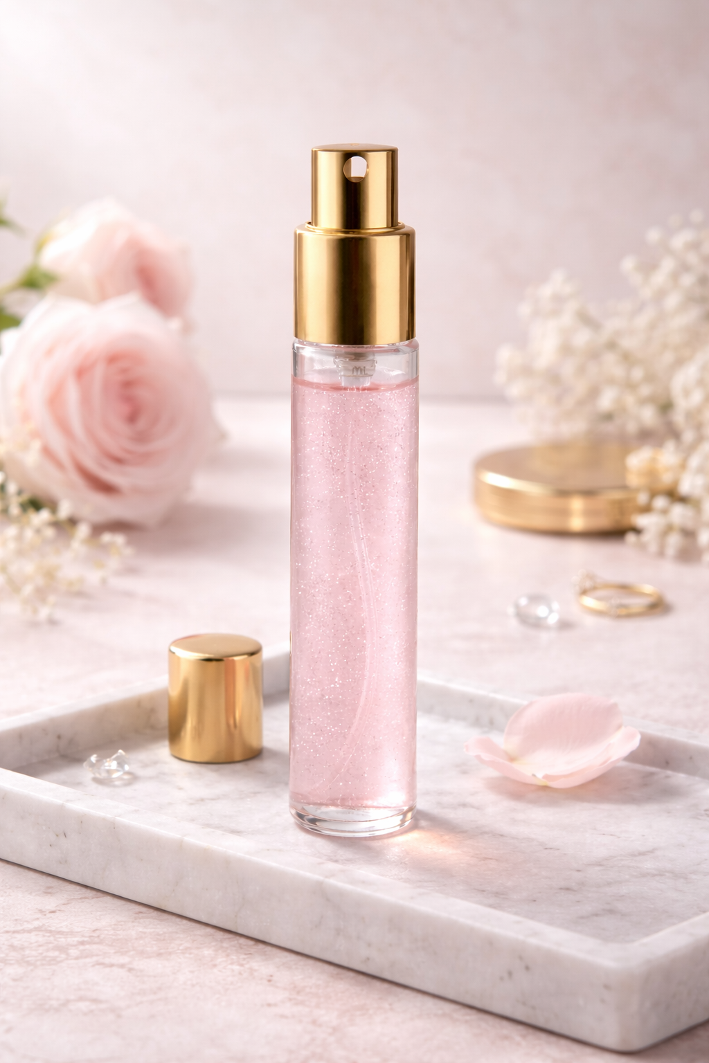 Brume parfumée MoonRose à la rose scintillante avec paillettes, vaporisateur élégant et parfum floral léger.