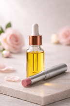 Ensemble d'huiles essentielles et baume MoonRose pour soin visage hydratant à la rose et miel, parfait pour préparer la peau au soleil.