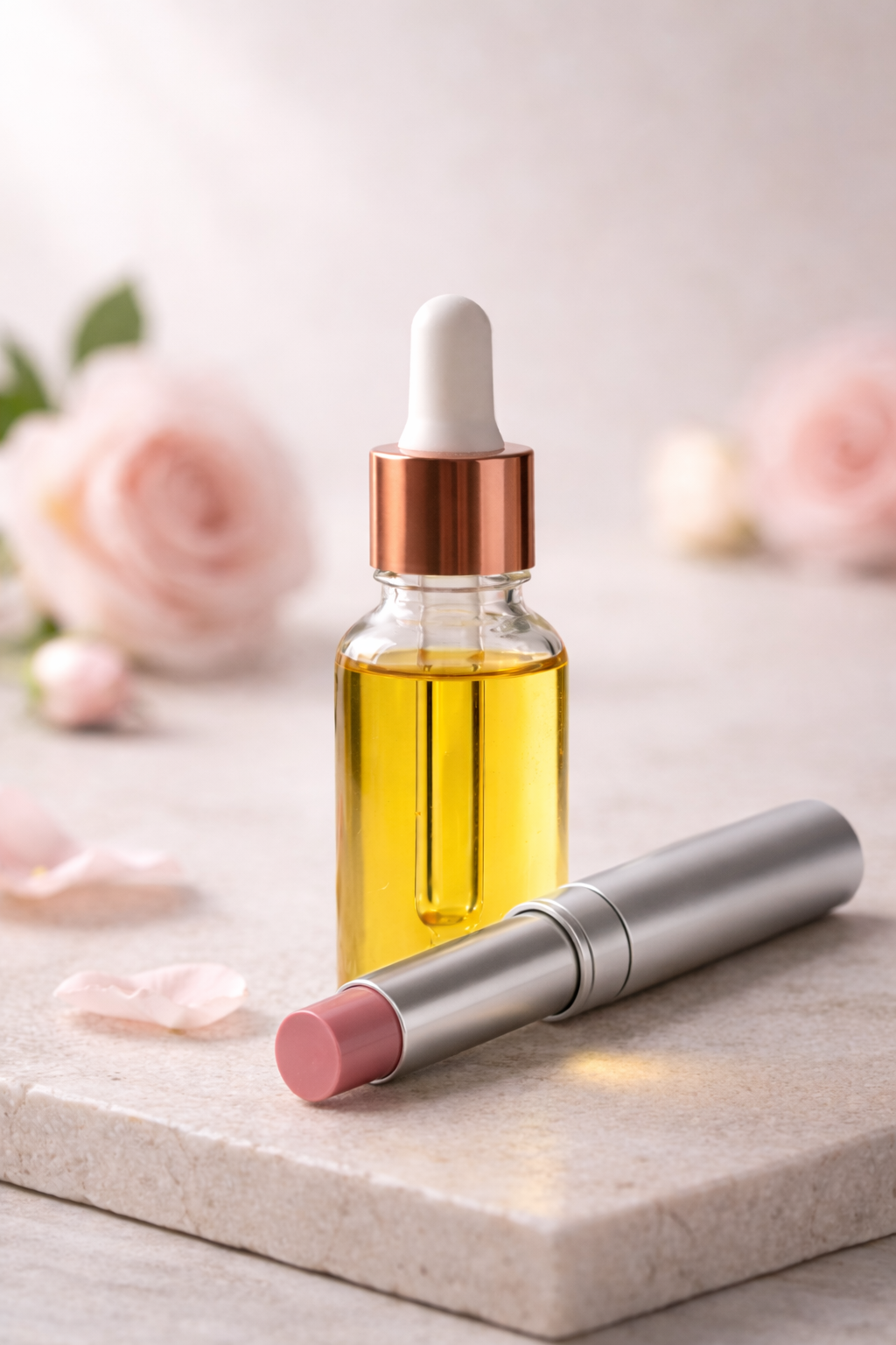 Ensemble d'huiles essentielles et baume MoonRose pour soin visage hydratant à la rose et miel, parfait pour préparer la peau au soleil.