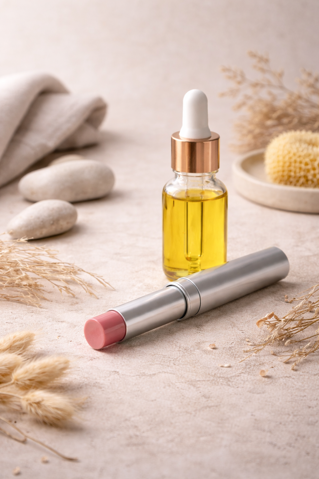 Ensemble d'huiles essentielles et baume MoonRose pour soin visage hydratant naturel Rose & Miel, prêt au soleil, produit de beauté.