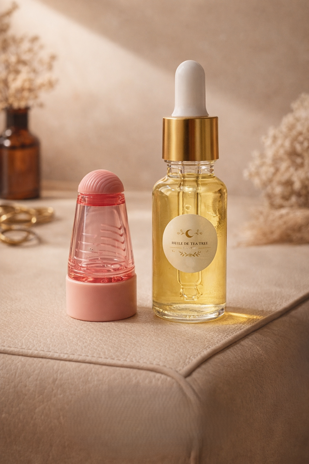 Duo soin cuir chevelu MoonRose avec huile essentielle de nigelle et applicateur rose pour cheveux et cuir chevelu.