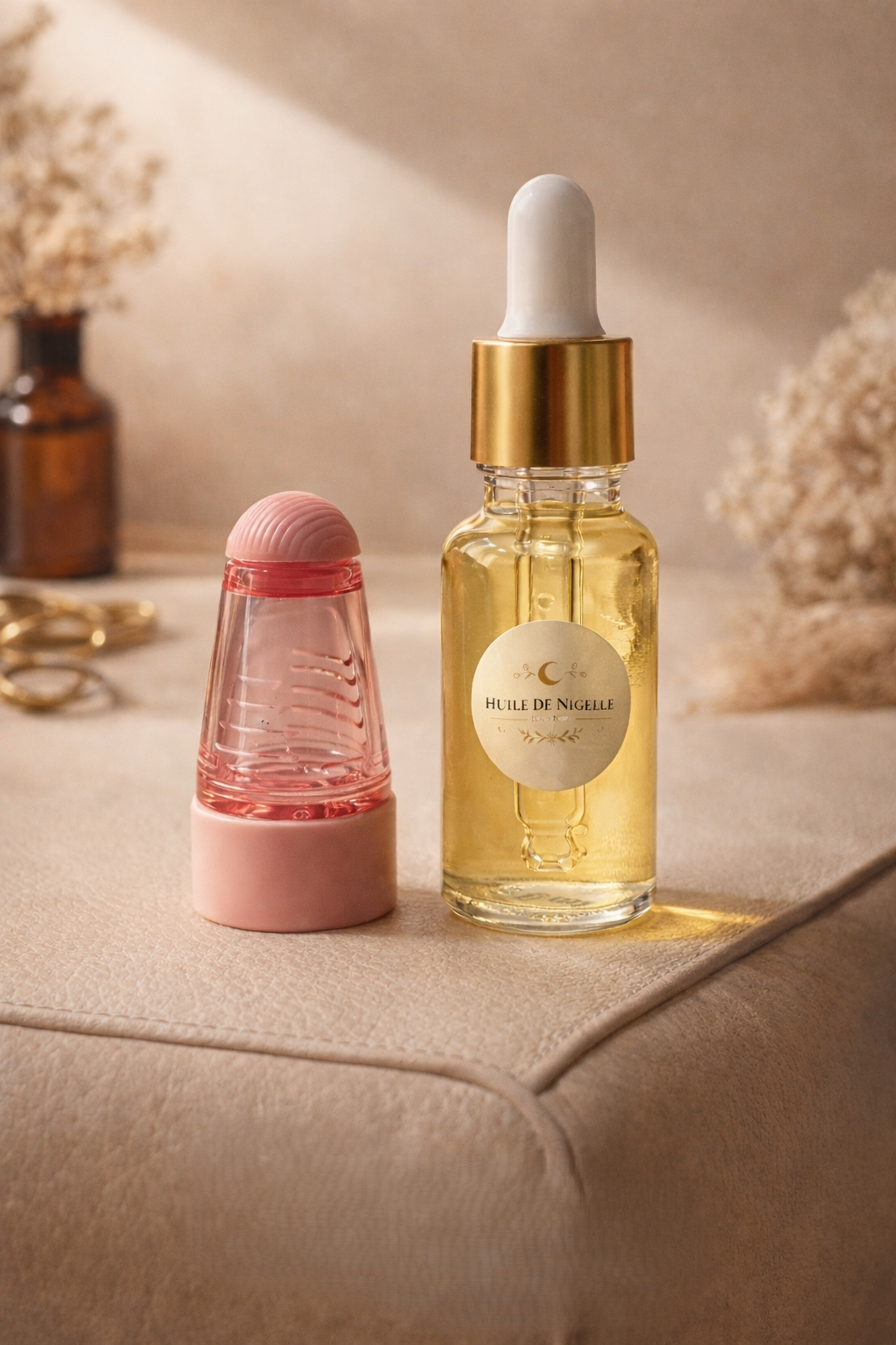 Duo de soins Capillaire MoonRose avec huile essentielle de rose et huile de nigelle, avec applicateur rose pour cuir chevelu.