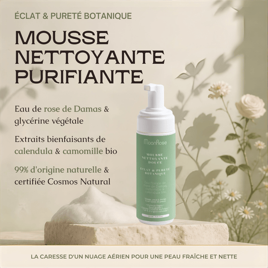 Mousse Nettoyante Purifiante MoonRose (150 ml) — Nuage Nettoyant Doux Éclat & Pureté Botanique | Eau de Rose de Damas, Camomille & Calendula Bio | Cosmos Natural - MoonRose