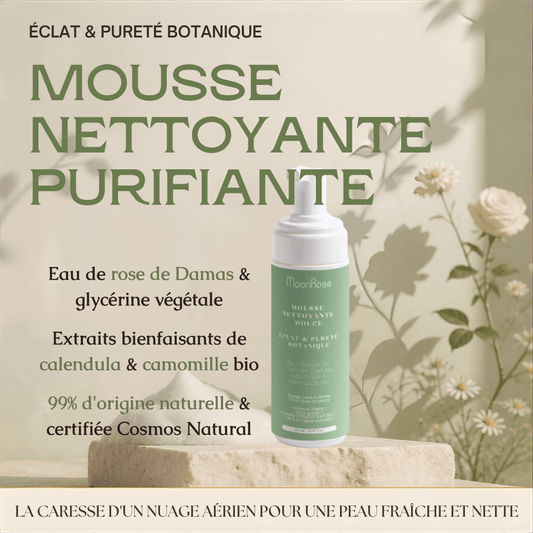 Mousse Nettoyante Purifiante MoonRose (150 ml) — Nuage Nettoyant Doux Éclat & Pureté Botanique | Eau de Rose de Damas, Camomille & Calendula Bio | Cosmos Natural - MoonRose