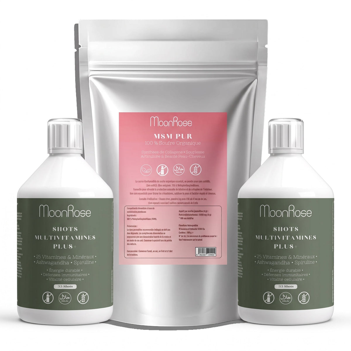 Pack Protocole Intensif 2 Mois — MSM Pur (500 g) + 2x Shots Multivitamines Plus+ (2 × 500 ml) - MoonRose