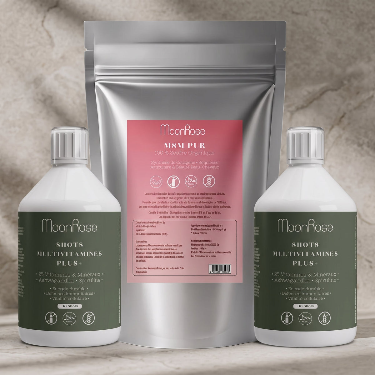 Pack Protocole Intensif 2 Mois — MSM Pur (500 g) + 2x Shots Multivitamines Plus+ (2 × 500 ml) - MoonRose
