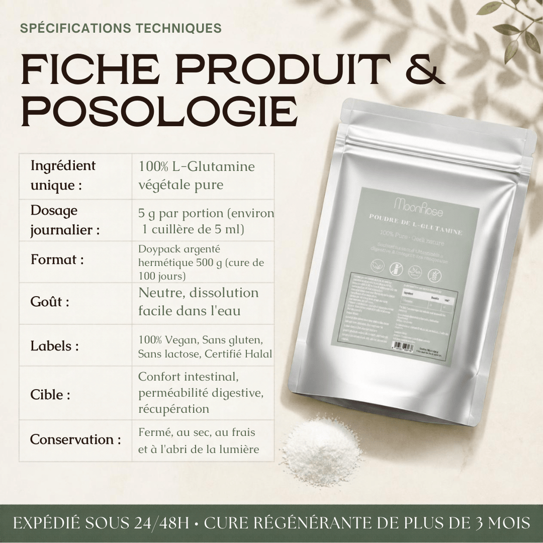 Poudre de L-Glutamine Pure MoonRose (500 g) — Confort Intestinal, Perméabilité Digestive & Récupération Musculaire | 100 % Végétale Sans Additifs | Cure 100 Jours | Certifié Halal - MoonRose