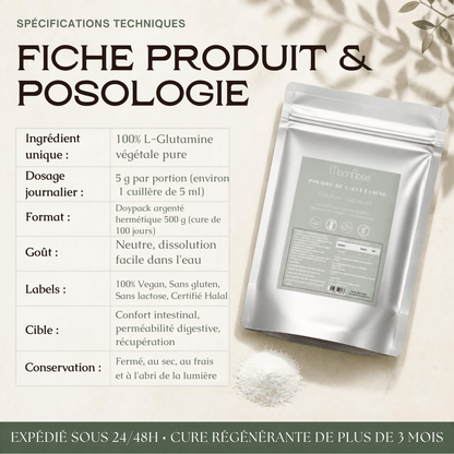 Poudre de L-Glutamine Pure MoonRose (500 g) — Confort Intestinal, Perméabilité Digestive & Récupération Musculaire | 100 % Végétale Sans Additifs | Cure 100 Jours | Certifié Halal - MoonRose