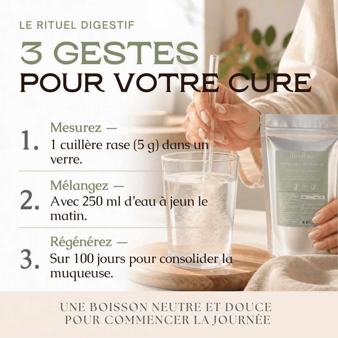 Poudre de L-Glutamine Pure MoonRose (500 g) — Confort Intestinal, Perméabilité Digestive & Récupération Musculaire | 100 % Végétale Sans Additifs | Cure 100 Jours | Certifié Halal - MoonRose