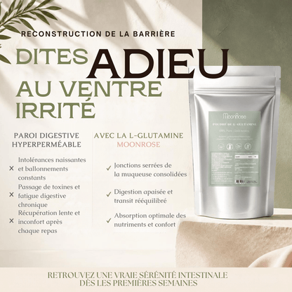 Poudre de L-Glutamine Pure MoonRose (500 g) — Confort Intestinal, Perméabilité Digestive & Récupération Musculaire | 100 % Végétale Sans Additifs | Cure 100 Jours | Certifié Halal - MoonRose